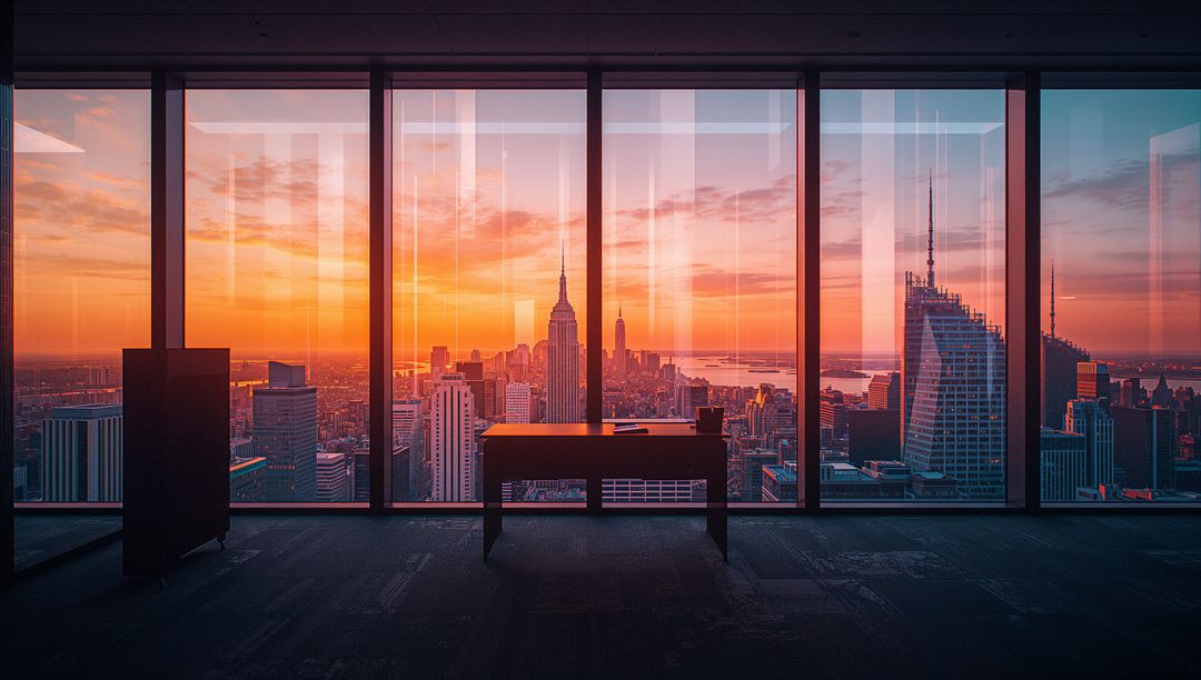 Silhouette Office Desk with Stunning Skyline at Dusk