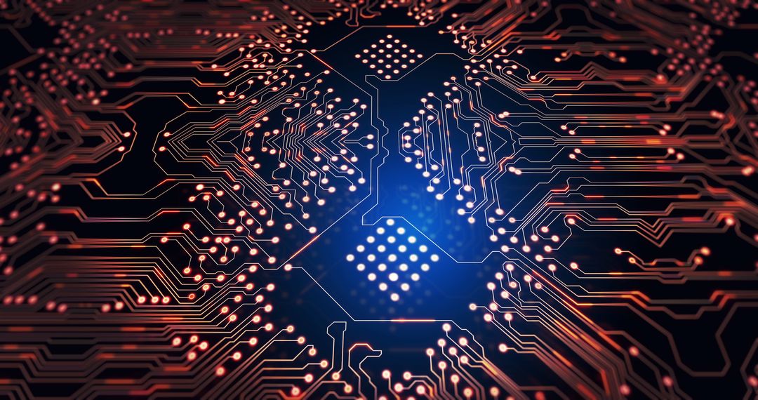 Intricate Circuit Board Traces over Luminous Blue Background