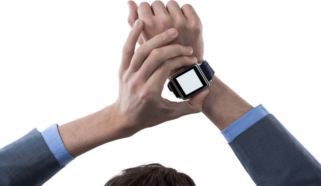 Transparent hands businessman checking digital smartwatch time