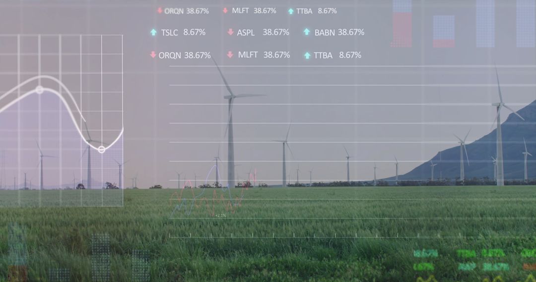Wind Turbines in Open Field Juxtaposed with Financial Data Overlay