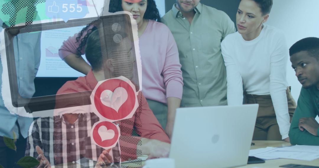 Colleagues Collaborating in Meeting with Creative Digital Overlay