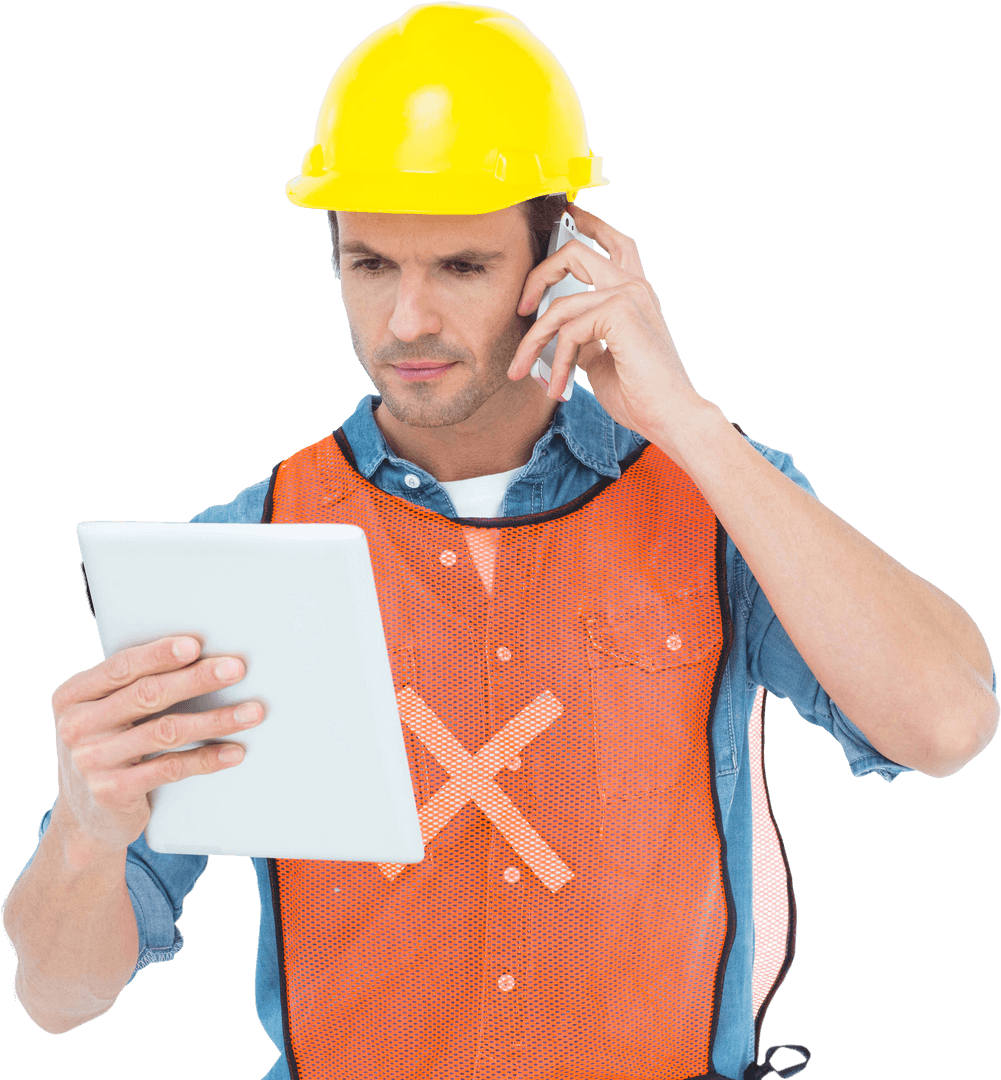 Construction Worker Using Tablet and Phone Transparent Background