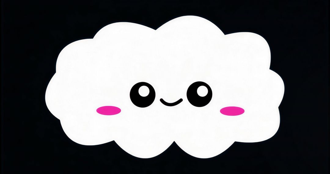 Kawaii Smiling Cloud Mascot Floating on Black Background with Pink Cheeks and Round Eyes