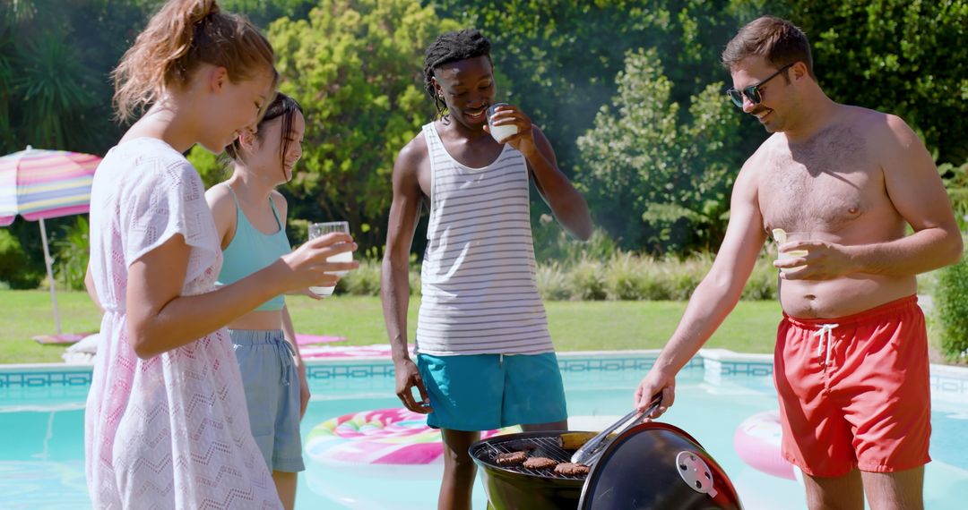 Friends Enjoying Poolside Barbecue in Summer Bright Setting