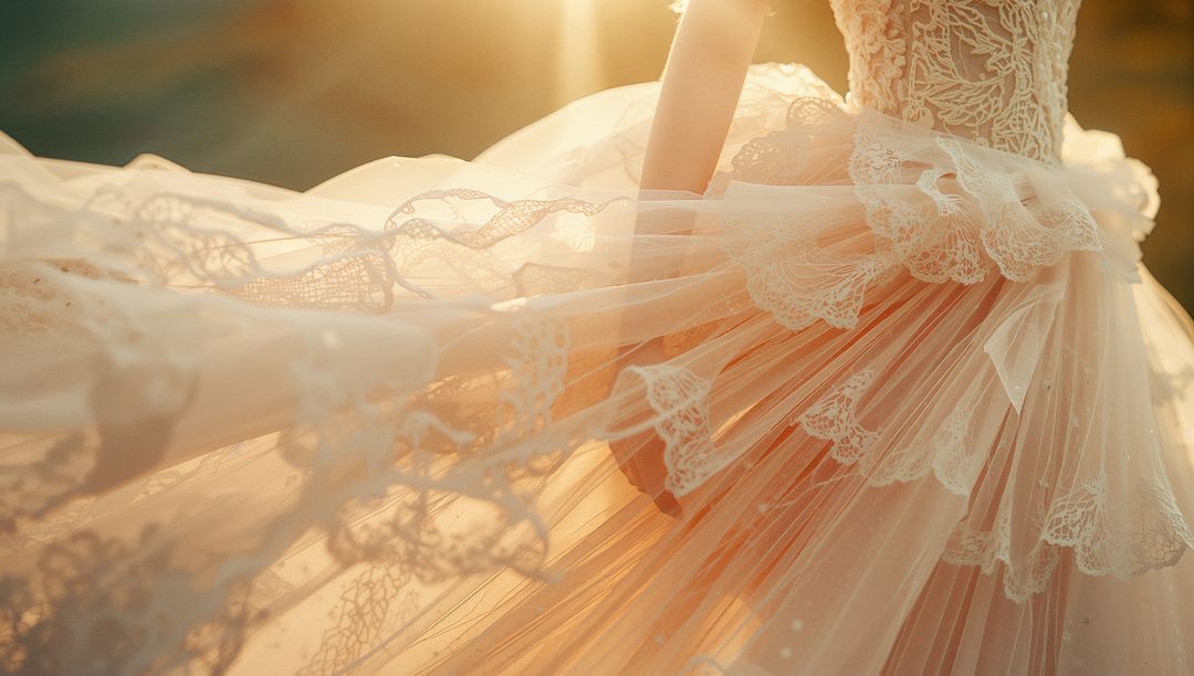 Sunlit Bridal Gown Details Billowing in Meadow
