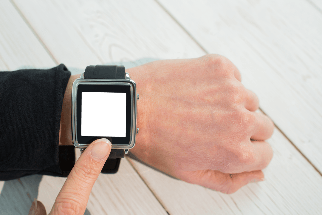 Transparent Smartwatch Interaction by Businessperson on Wooden Table