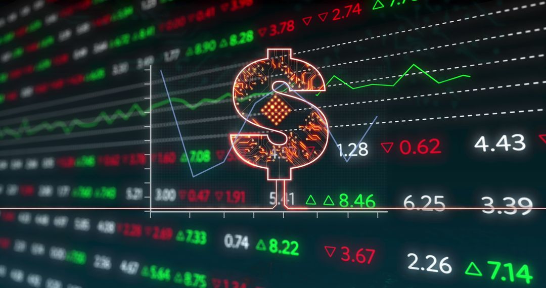 Digital Stock Market Display with Financial Graphs and Dollar Symbol