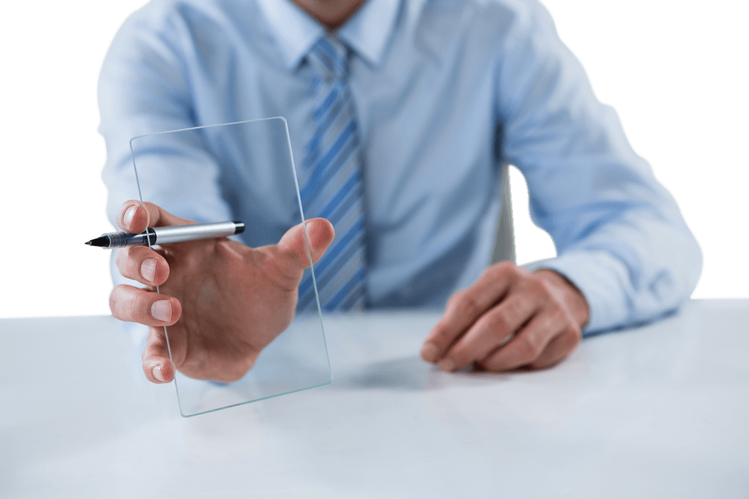 Businessman Showing Transparent Glass Sheet at Desk