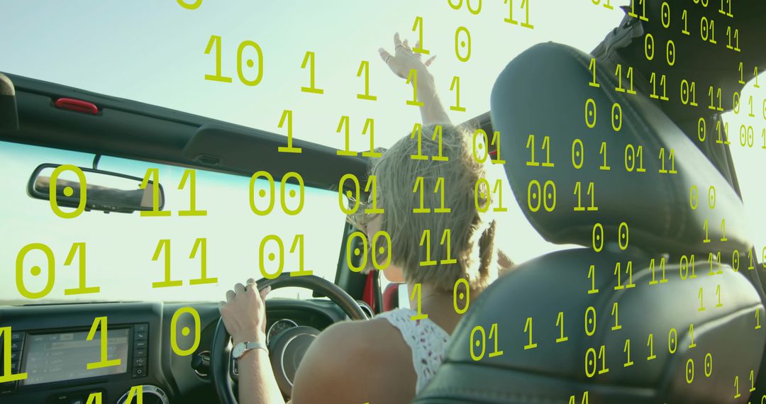 Woman driving convertible with digital binary overlay on sunny day