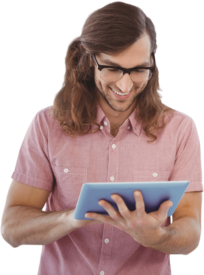 Happy Man in Glasses Using a Tablet with Transparent Background