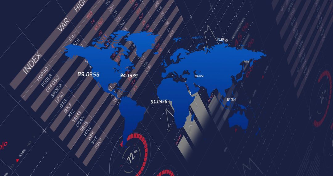 Stylized Digital World Map with Data Points and Analytics Display