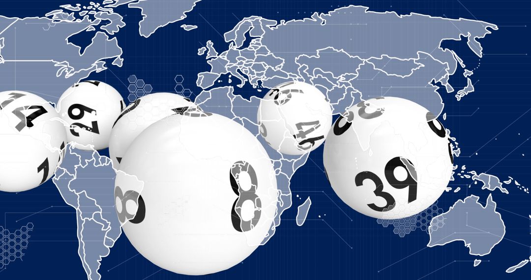 Digital Lottery Balls Over Global Network Background