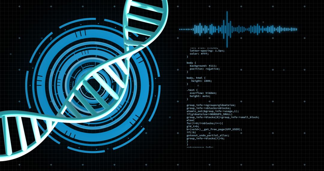 Digital DNA Strand with Data Code on Black Background