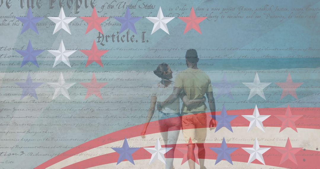 Patriotic Overlay with Couple Strolling on Beach