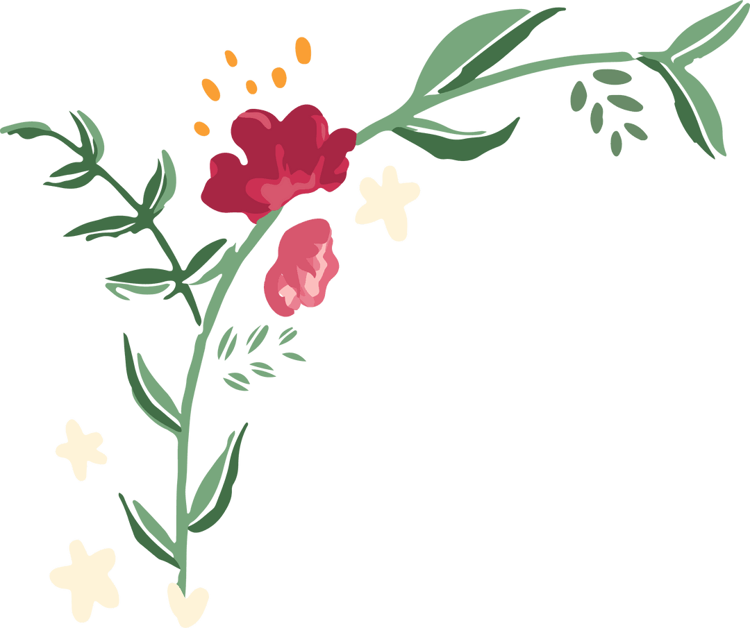 Botanical Vine on Transparent Background with Red Flowers