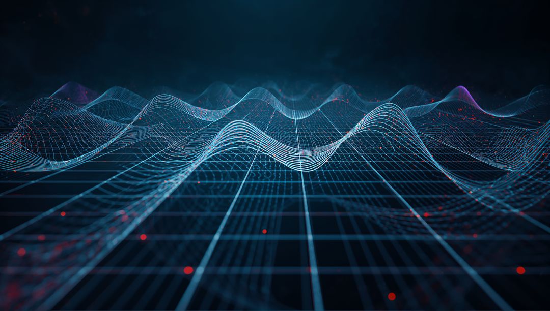 Futuristic Digital Waveform with Glowing Blue Grid and Red Data Points