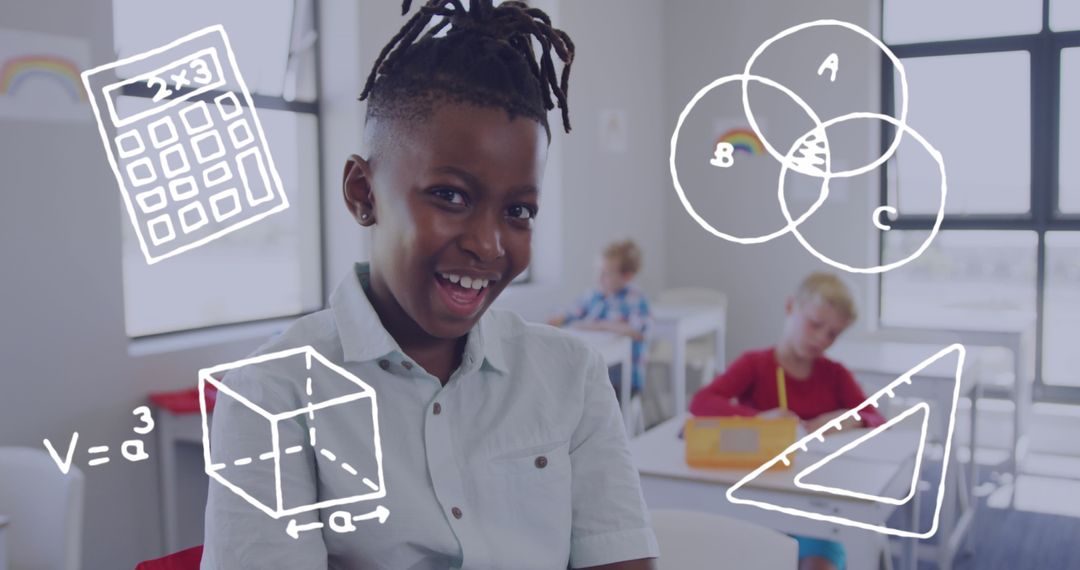 Joyful Schoolboy with Superimposed Math Icons in Classroom Visual