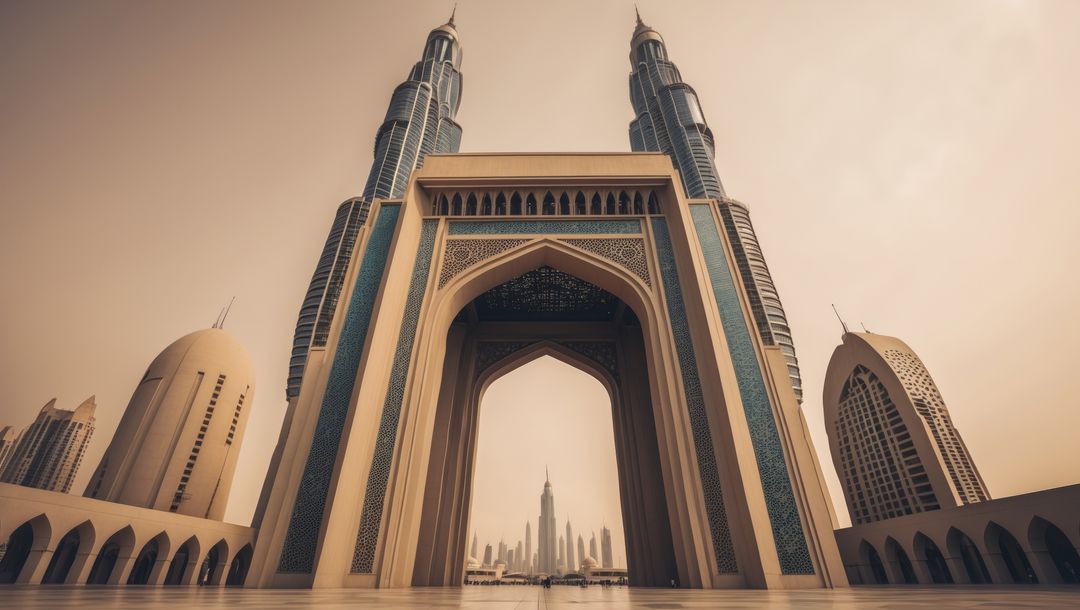 Ornate Gateway Symmetry with Elegant Spired Towers and City Skyline