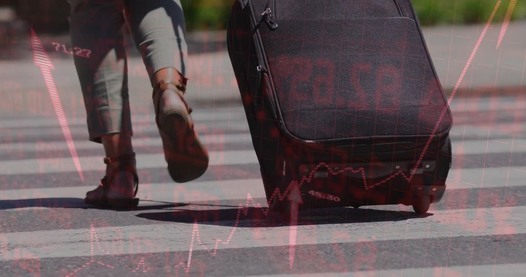 Woman Commutes with Suitcase on Urban Crosswalk with Financial Data Overlay