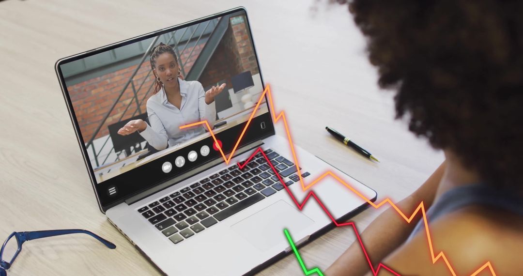 Online Business Meeting with Financial Data Analysis Overlay