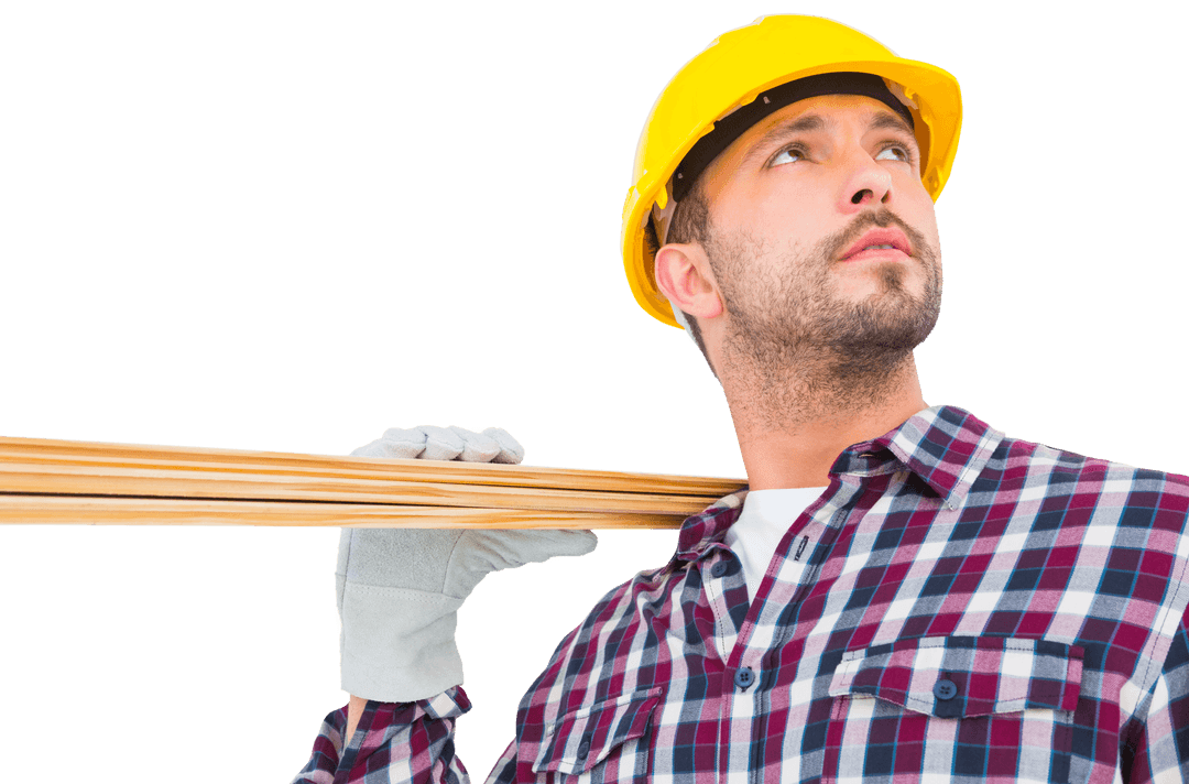Handyman Holding Wood Planks with Transparent Background