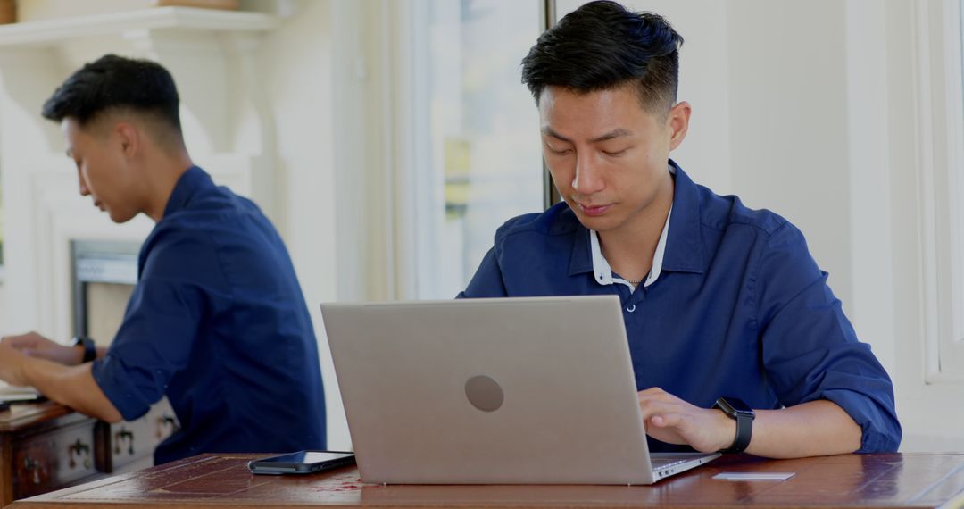 Asian Man Working at Home Office with Laptop and Resting Poses