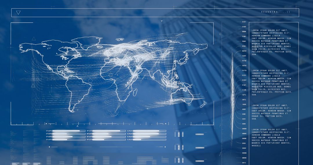 Digital Global Network Overlay on Modern Building Background