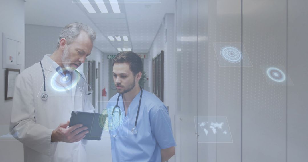 Doctors Analyzing Holographic Tablet in Futuristic Hospital Corridor
