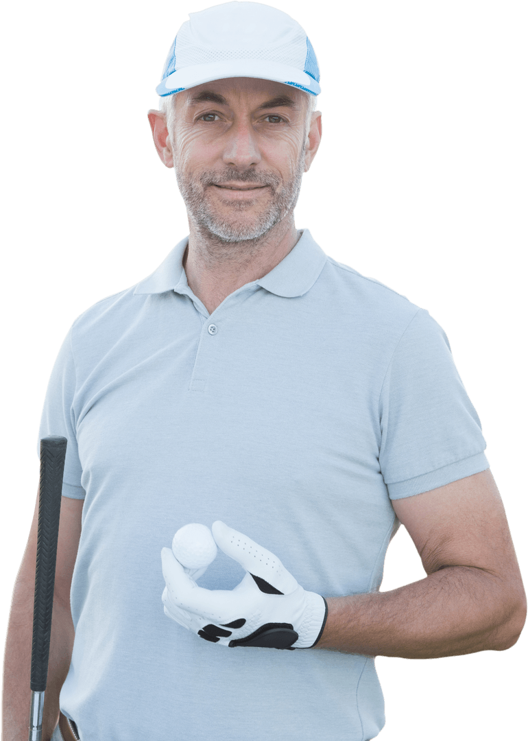 Smiling Caucasian Man Holding Golf Ball on Transparent Background