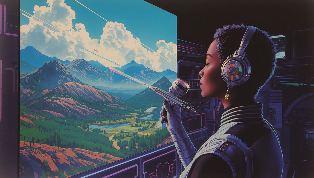 Futuristic pilot scanning mountain valley through cockpit window with sensor wand