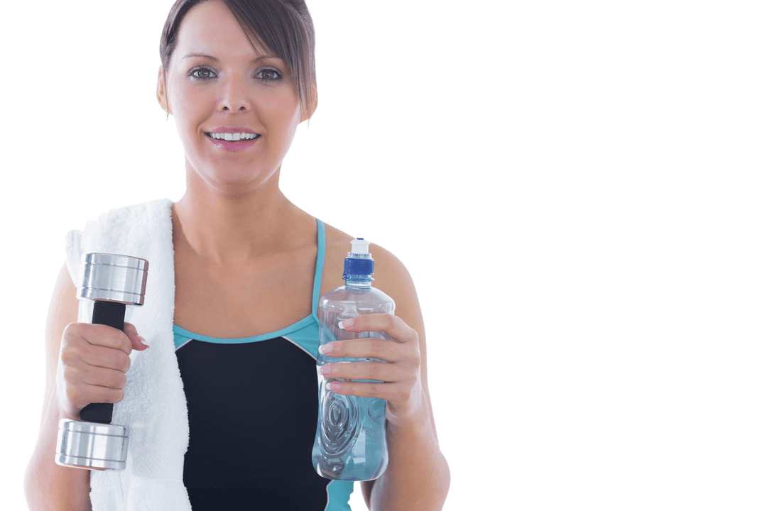 Transparent Fitness Enthusiast Holding Dumbbell and Water Bottle
