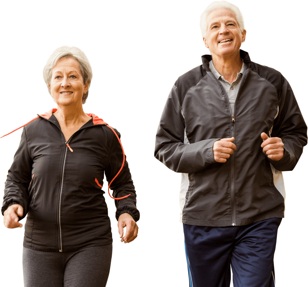 Active Senior Caucasian Couple Jogging on Transparent Background