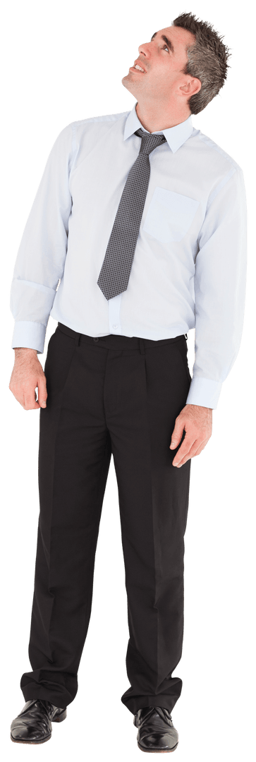 Smiling Middle-Aged Man Looking Up in Transparent Background