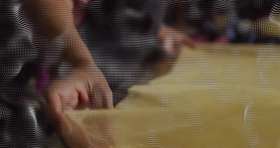 Mature woman pressing beige fabric with halftone mesh overlay closeup textile texture