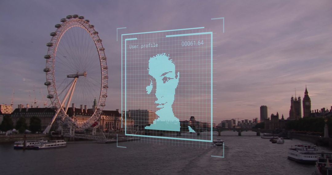 Facial Recognition Data Overlay on London Skyline - Free Images, Stock Photos and Pictures on Pikwizard.com