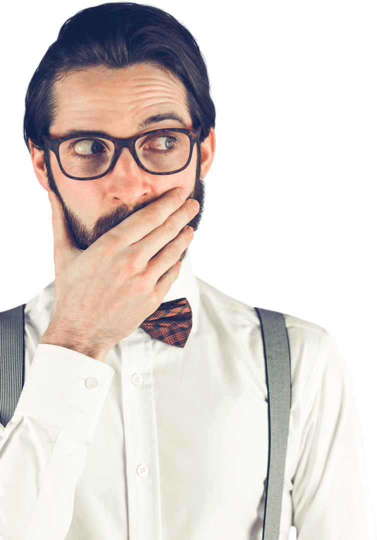 Surprised Man in Suspenders Covering Mouth Transparent