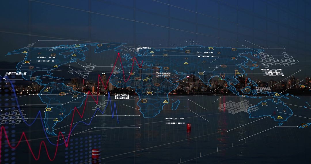 Digital World Map Overlay with Cityscape and Data Graphics