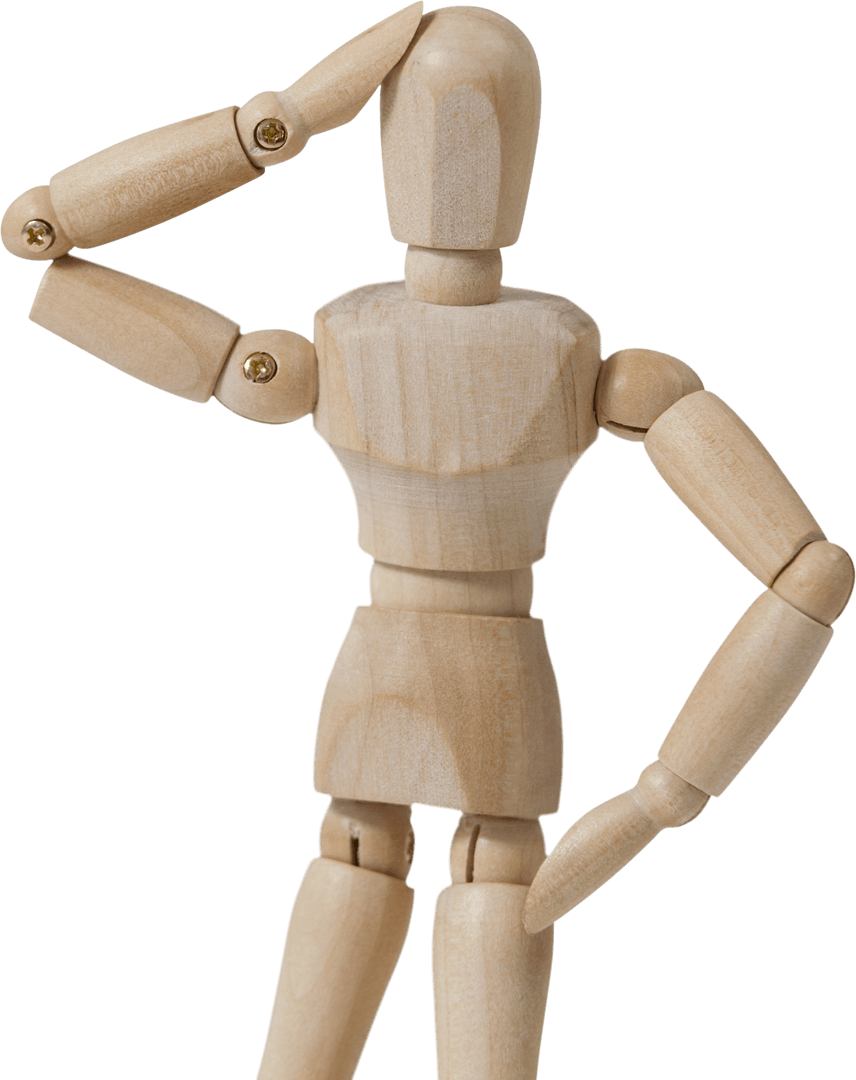 Confused Wooden Mannequin Posing on Transparent Background