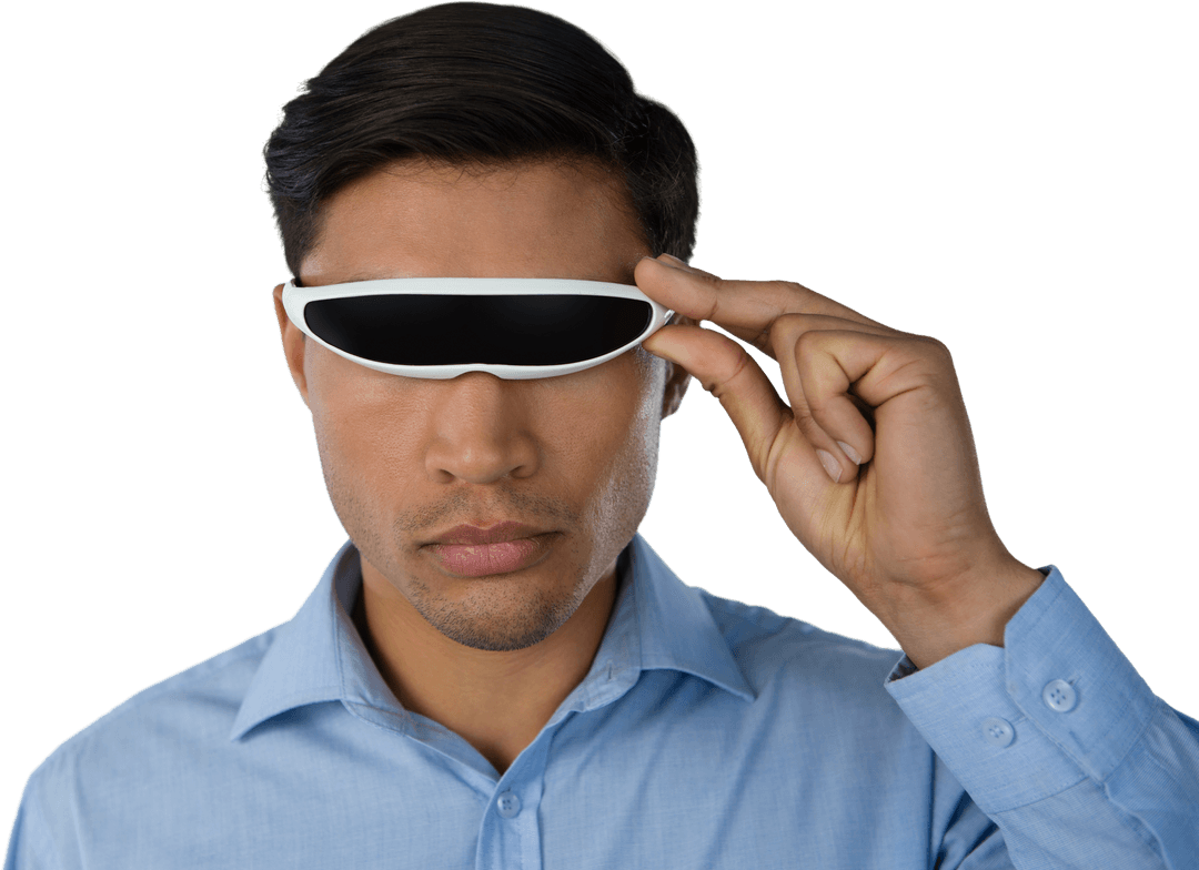 Businessman Interacting with Futuristic Smart Glasses on Transparent Background