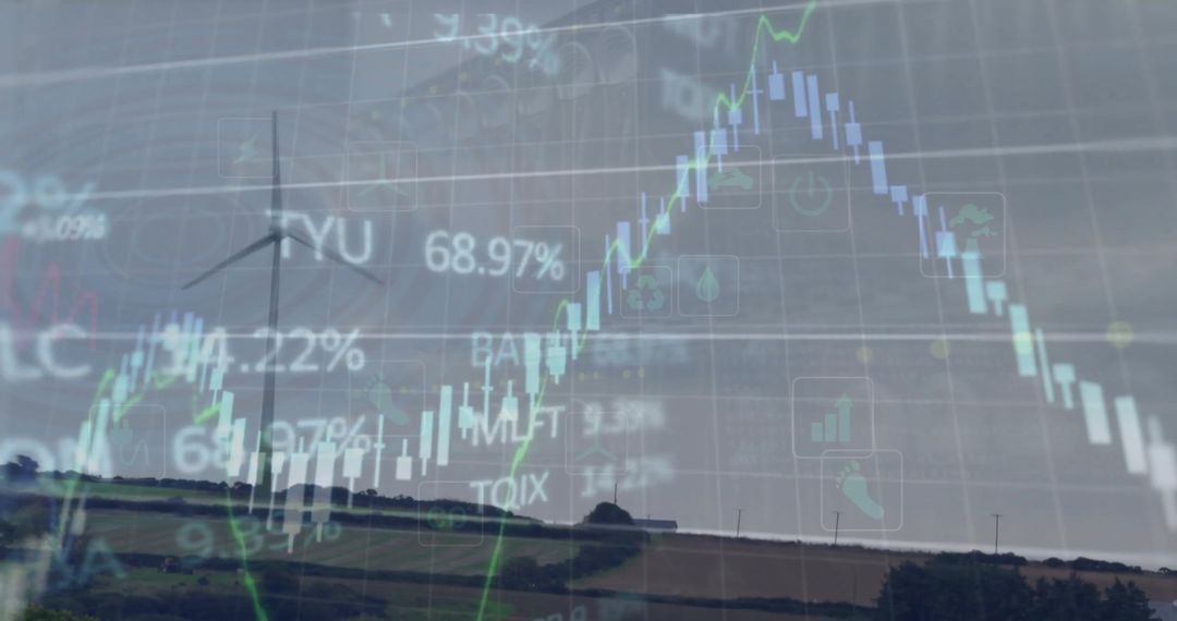 Digital Data Processing Overlaid on Wind Turbine Landscape