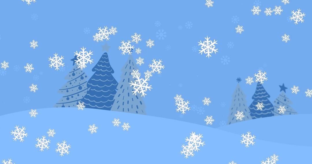 Snow falling over decorative Christmas trees on blue background