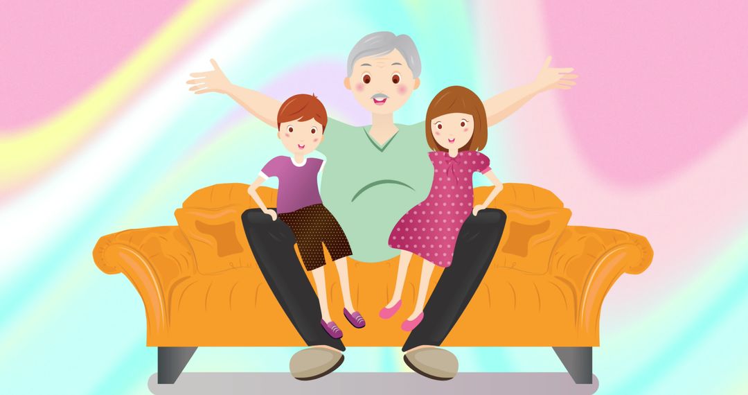 Happy Grandfather with Grandchildren on Sofa Illustration