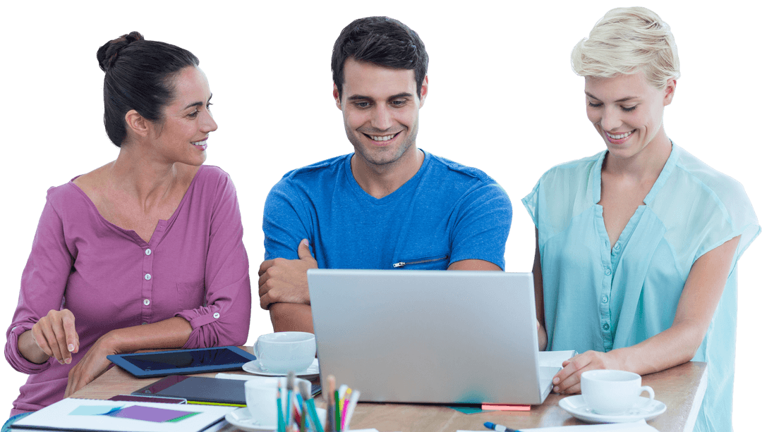 Caucasian Colleagues Collaborating with Technology on Transparent Background