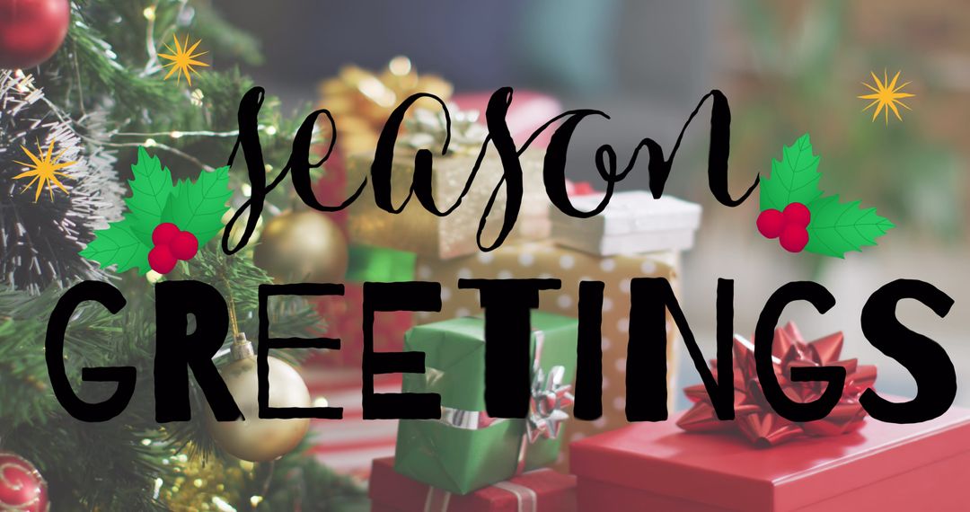 Season's Greetings Text with Christmas Gifts and Tree