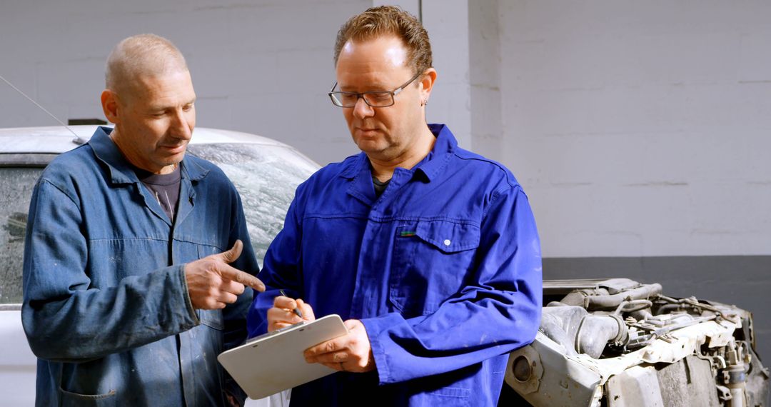 Auto Mechanic Discussing Repair Plans with Colleague in Workshop - Free Images, Stock Photos and Pictures on Pikwizard.com