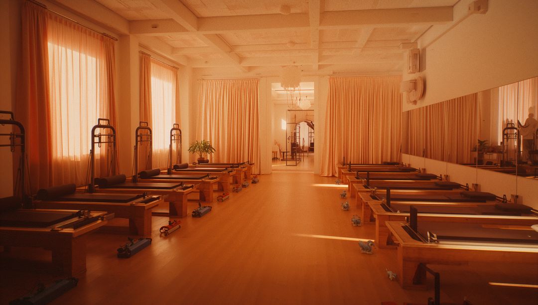 Sunlit Pilates Studio with Wooden Reformer Machines and Large Mirror