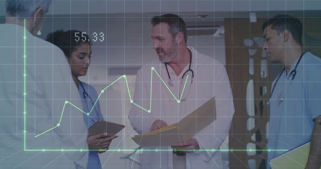 Medical Professionals Analyzing Data with Digital Overlay in Hospital Corridor