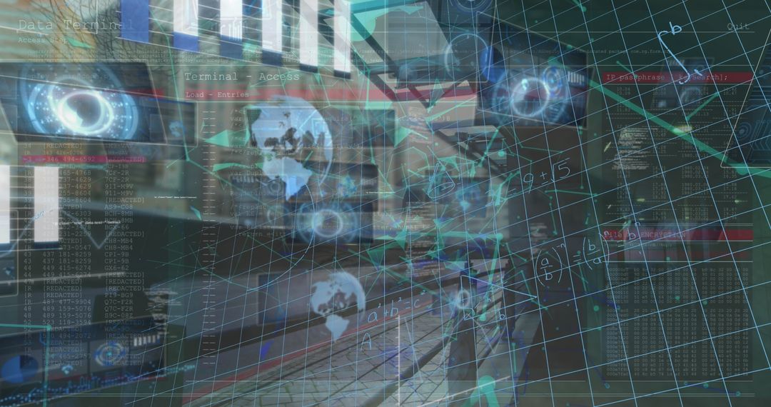 Digital Interface Overlays in Server Room with Mathematical Equations
