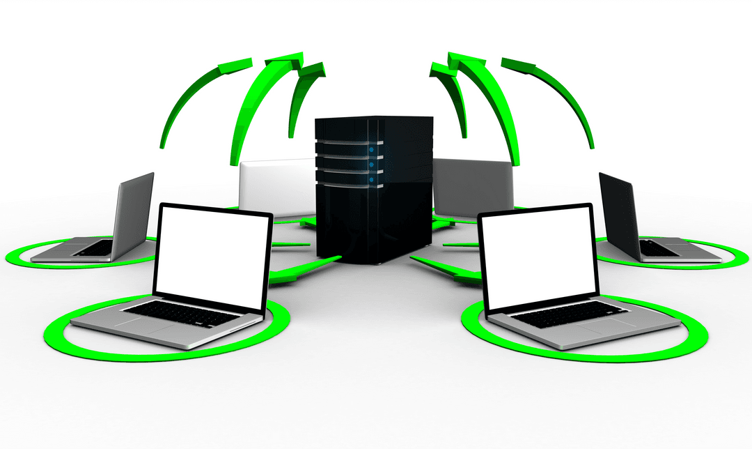 Transparent Communication Network Concept with Server and Laptops