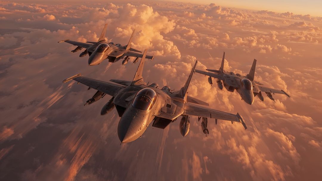 Fighter jets in formation above sunlit airstrikes clouds